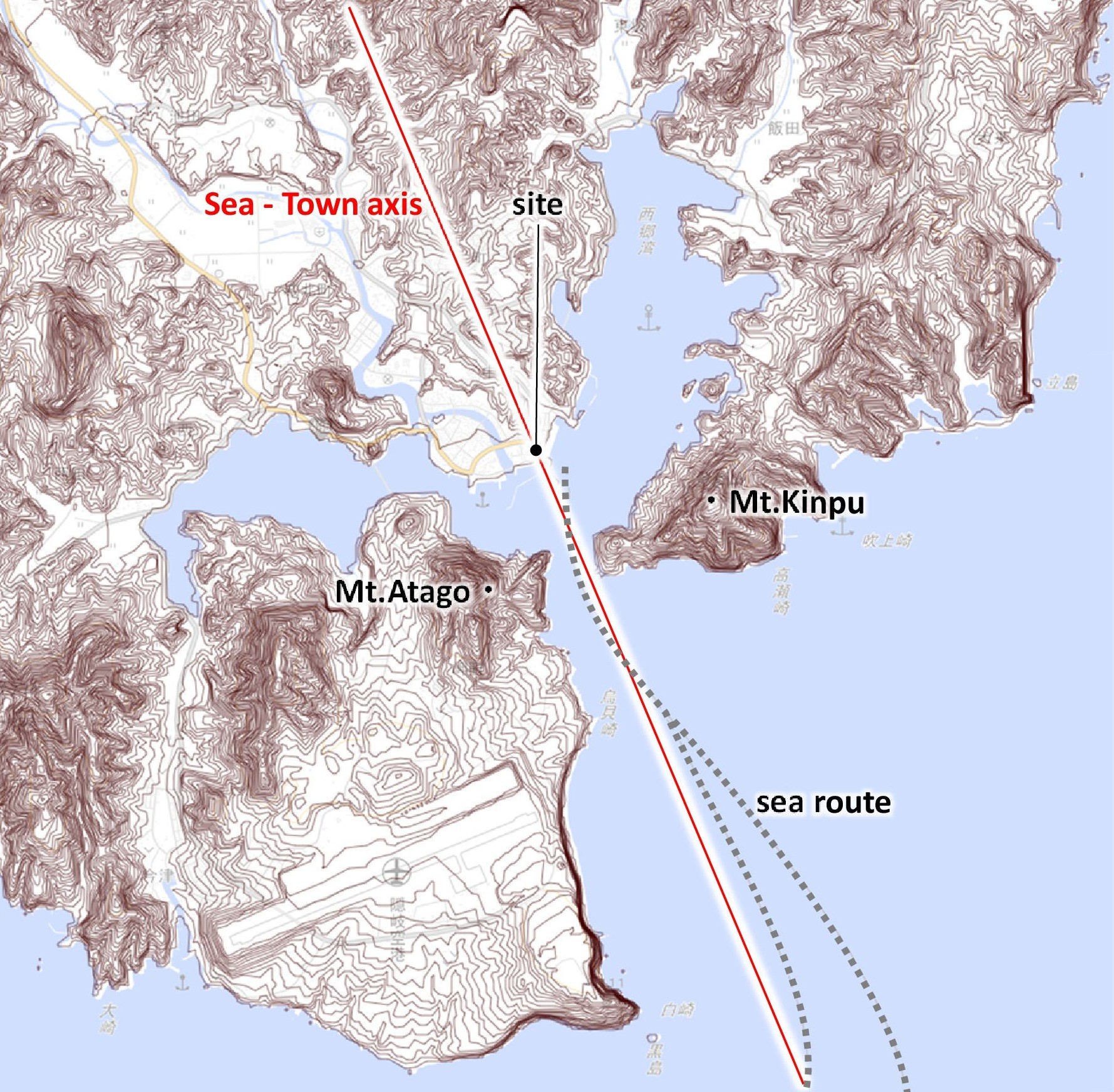 広域図：愛宕山と金峯山が挟む西郷湾の湾口と海とまちをむすぶ軸